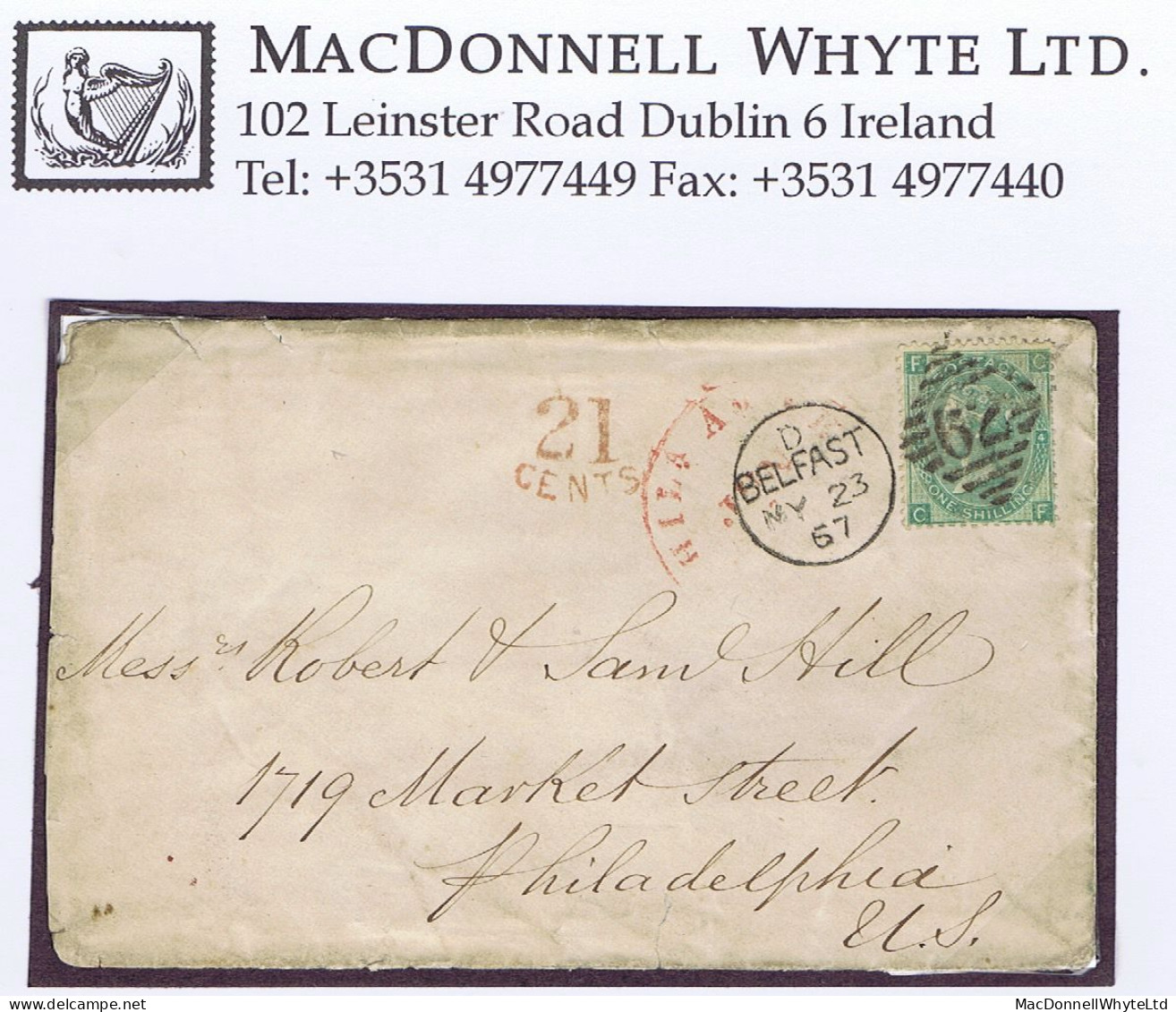 Ireland Belfast Transatlantic 1865 Emblems 1s Plate 4 On Cover BELFAST/62 To Philadelphia With Bank Draft - Postwaardestukken