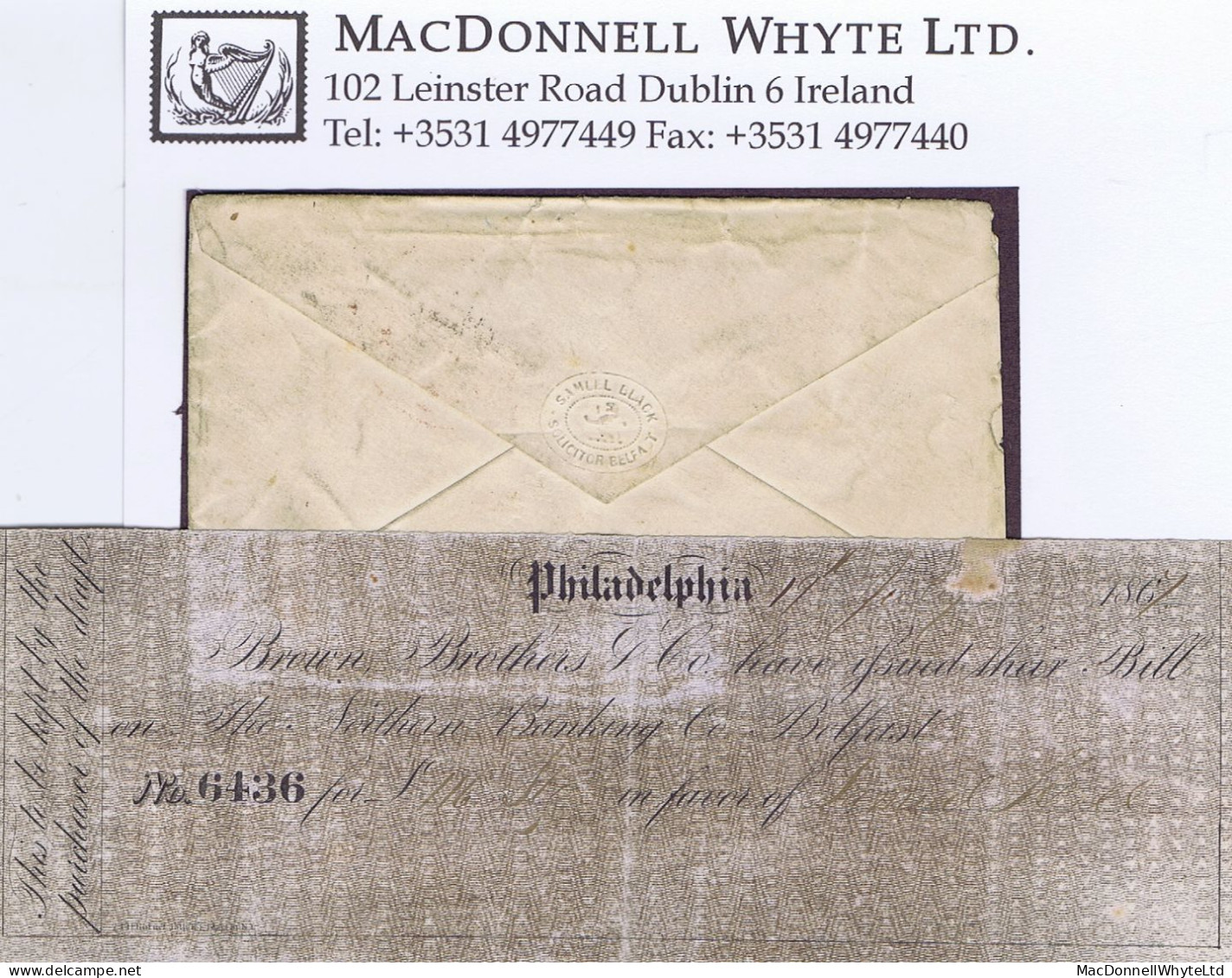 Ireland Belfast Transatlantic 1865 Emblems 1s Plate 4 On Cover BELFAST/62 To Philadelphia With Bank Draft - Interi Postali
