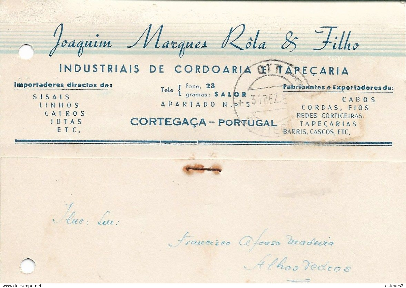 Portugal , 1955 , JOAQUIM MARQUES RÔLA & FILHO , Cordage And Tapestry , Cortegaça , Commercial Postcard - Portogallo