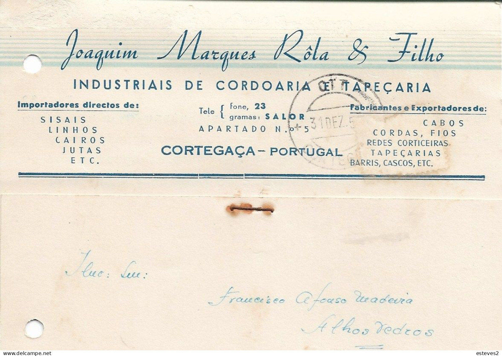 Portugal , 1955 , JOAQUIM MARQUES RÔLA & FILHO , Cordage And Tapestry , Cortegaça , Commercial Postcard - Portugal