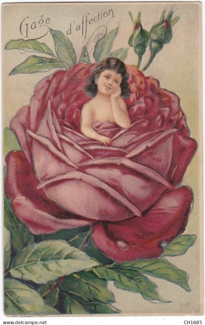 Carte Fantaisie Petite Fille Dans Une Rose " Gage D'affection " Carte Gaufrée - Geboorte