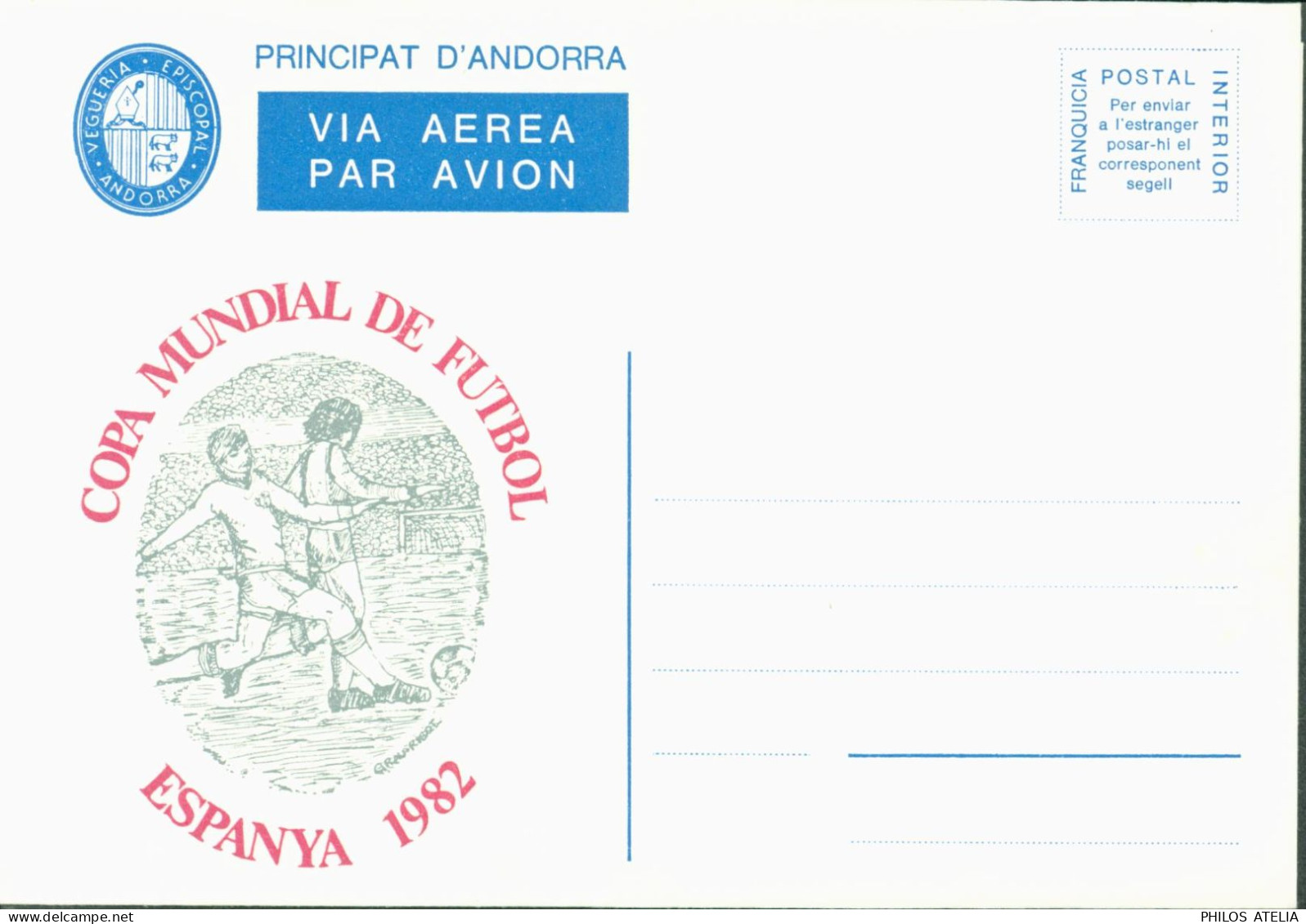 Andorre Entier Viguerie Episcopale Par Avion Copa Mundial De Futbol EZspanya 1982 Franquicia Postal Interior - Vegueria Episcopal