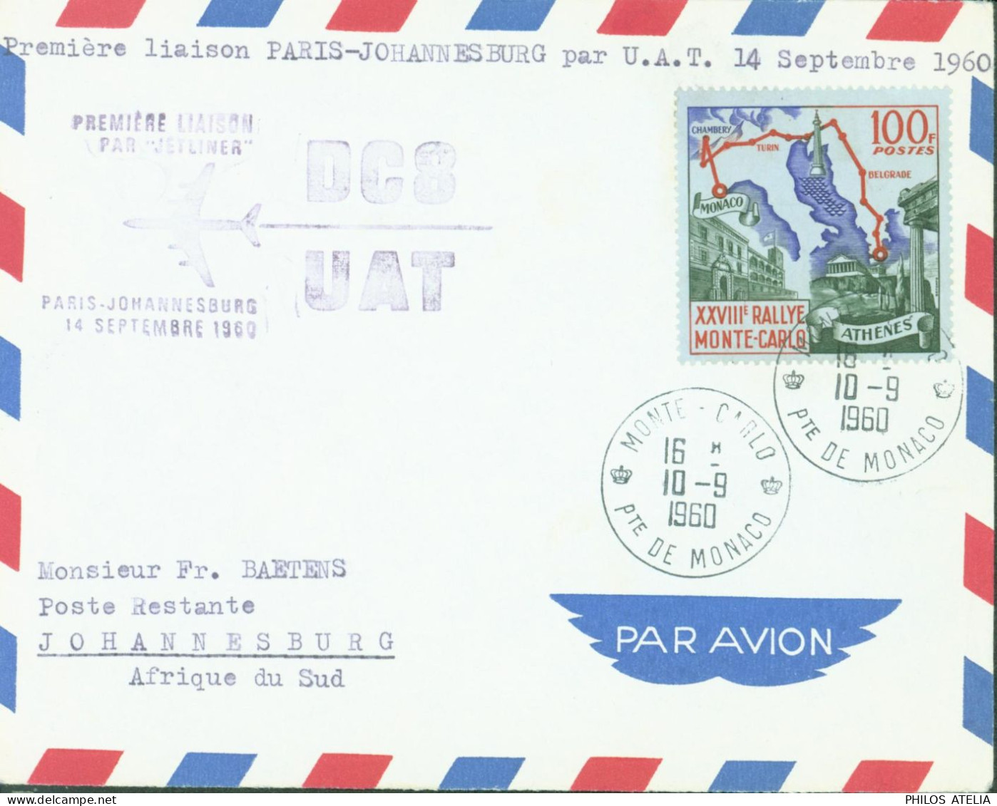 CAD Monté Carlo Monaco 10 9 1960 Première Liaison Par Jet Liner / Par U.A.T Paris Johannesburg Par Avion YT 510 Rallye - Lettres & Documents