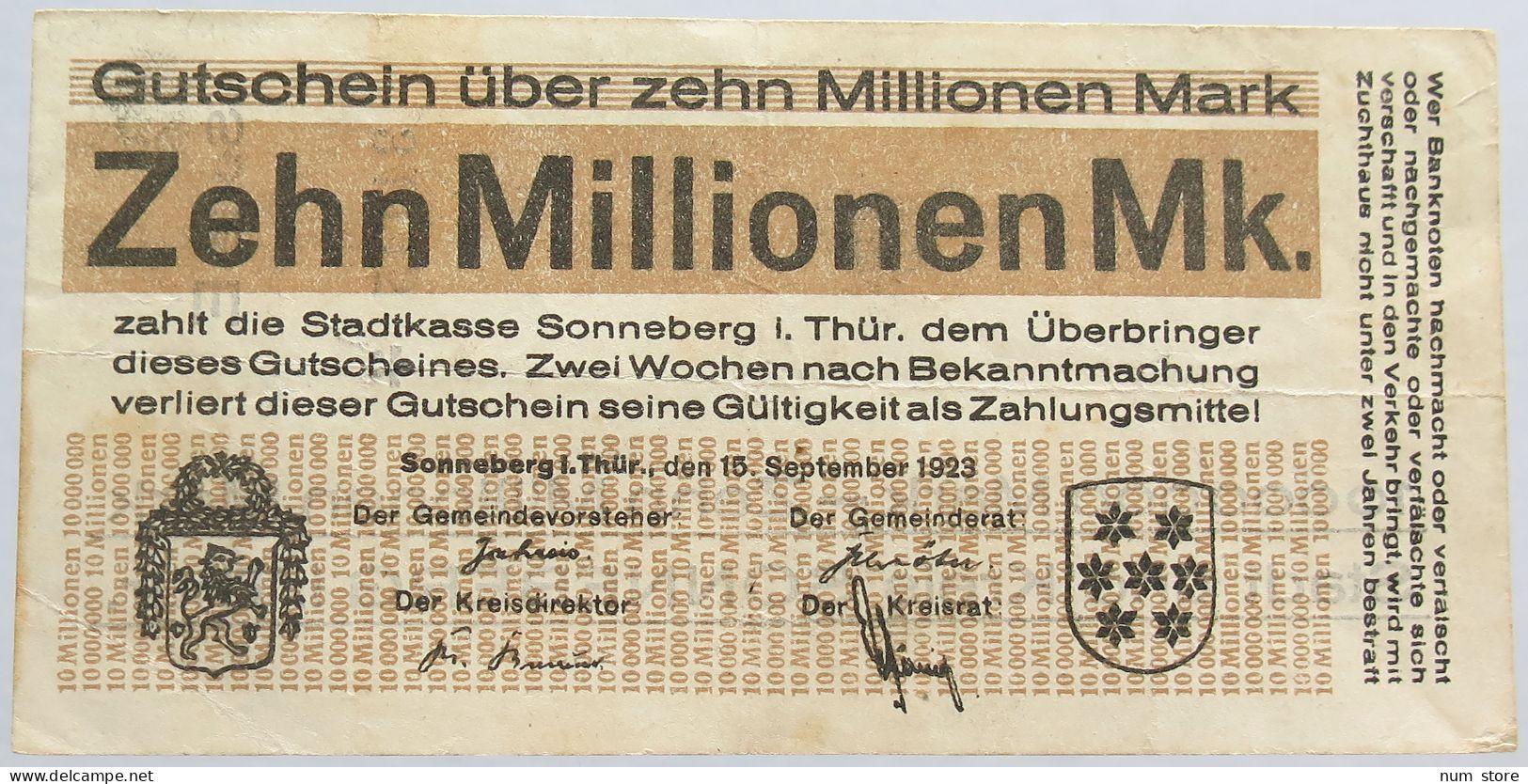 GERMANY 10 MILLIONEN MARK SONNEBERG #alb003 0185 - 10 Miljoen Mark