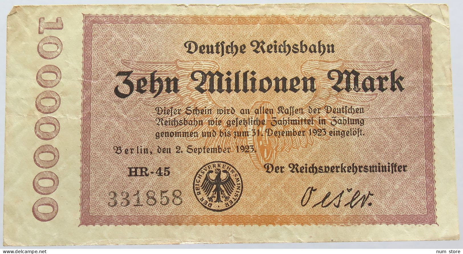 GERMANY 10 MILLIONEN MARK REICHSBAHN #alb004 0113 - 10 Millionen Mark