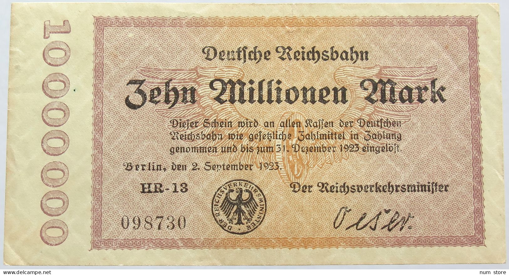 GERMANY 10 MILLIONEN MARK REICHSBAHN #alb004 0023 - 10 Miljoen Mark