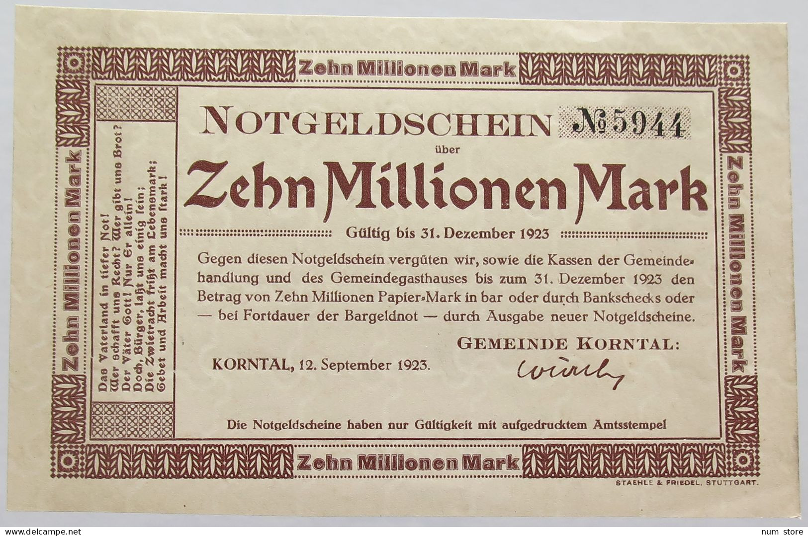 GERMANY 10 MILLIONEN MARK KORNTAL #alb002 0193 - 10 Millionen Mark