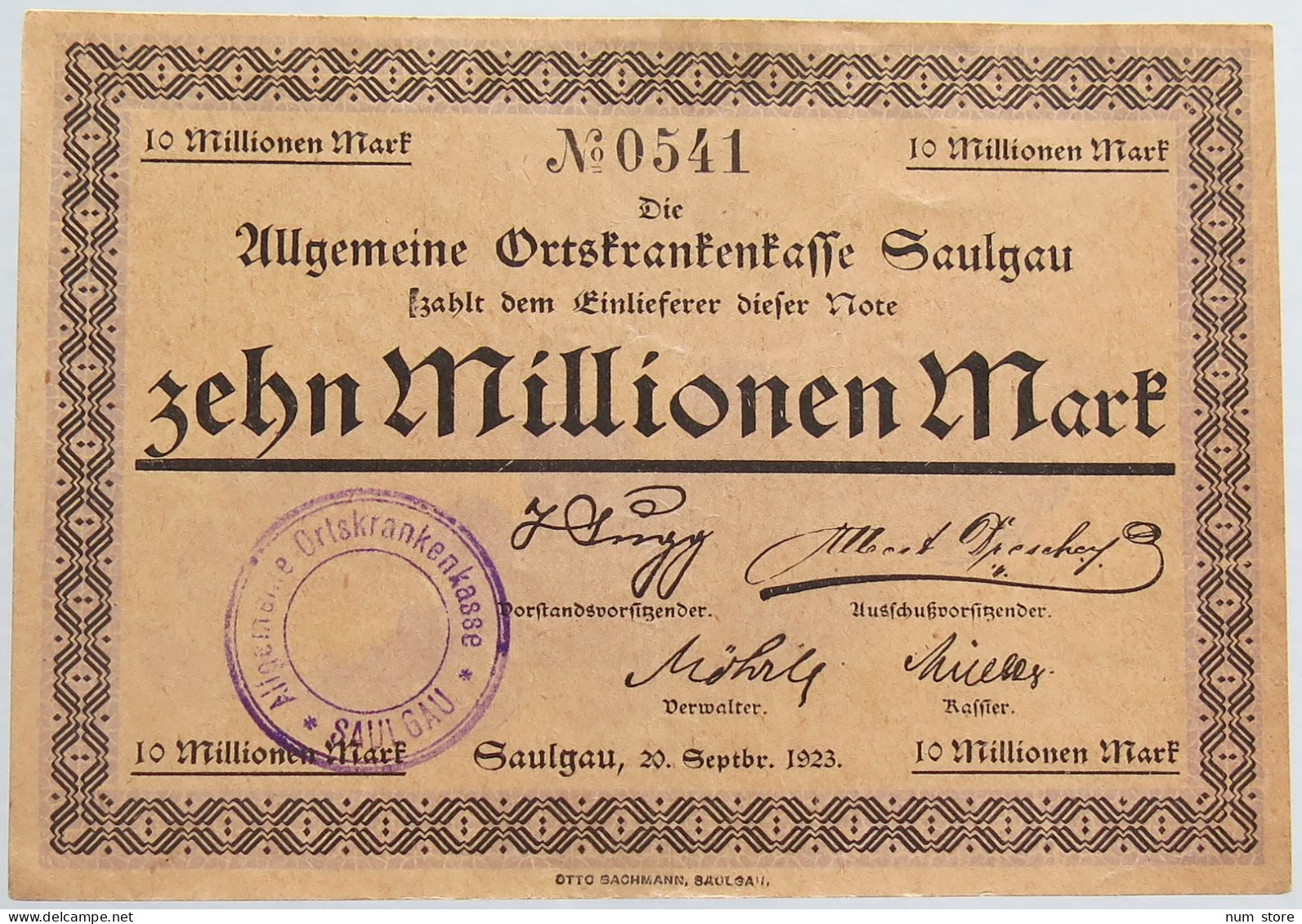 GERMANY 10 MILLIONEN MARK 1923 SAULGAU #alb002 0375 - 10 Millionen Mark