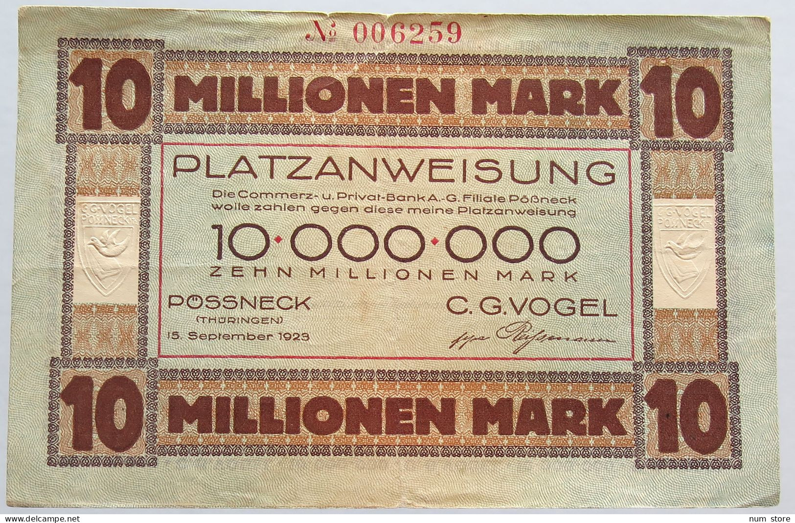 GERMANY 10 MILLIONEN MARK 1923 POSSNECK #alb003 0159 - 10 Millionen Mark