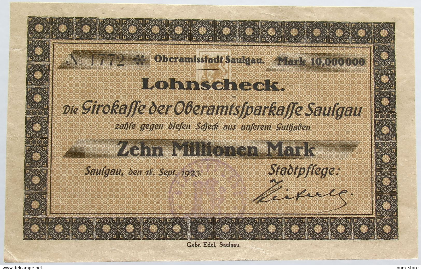 GERMANY 10 MILLIONEN MARK 1923 SAULGAU #alb002 0475 - 10 Millionen Mark