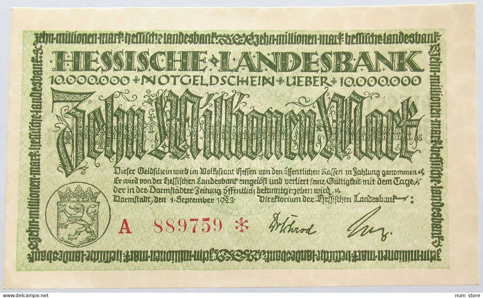 GERMANY 10 MILLIONEN MARK 1923 HESSEN #alb004 0077 - 10 Miljoen Mark