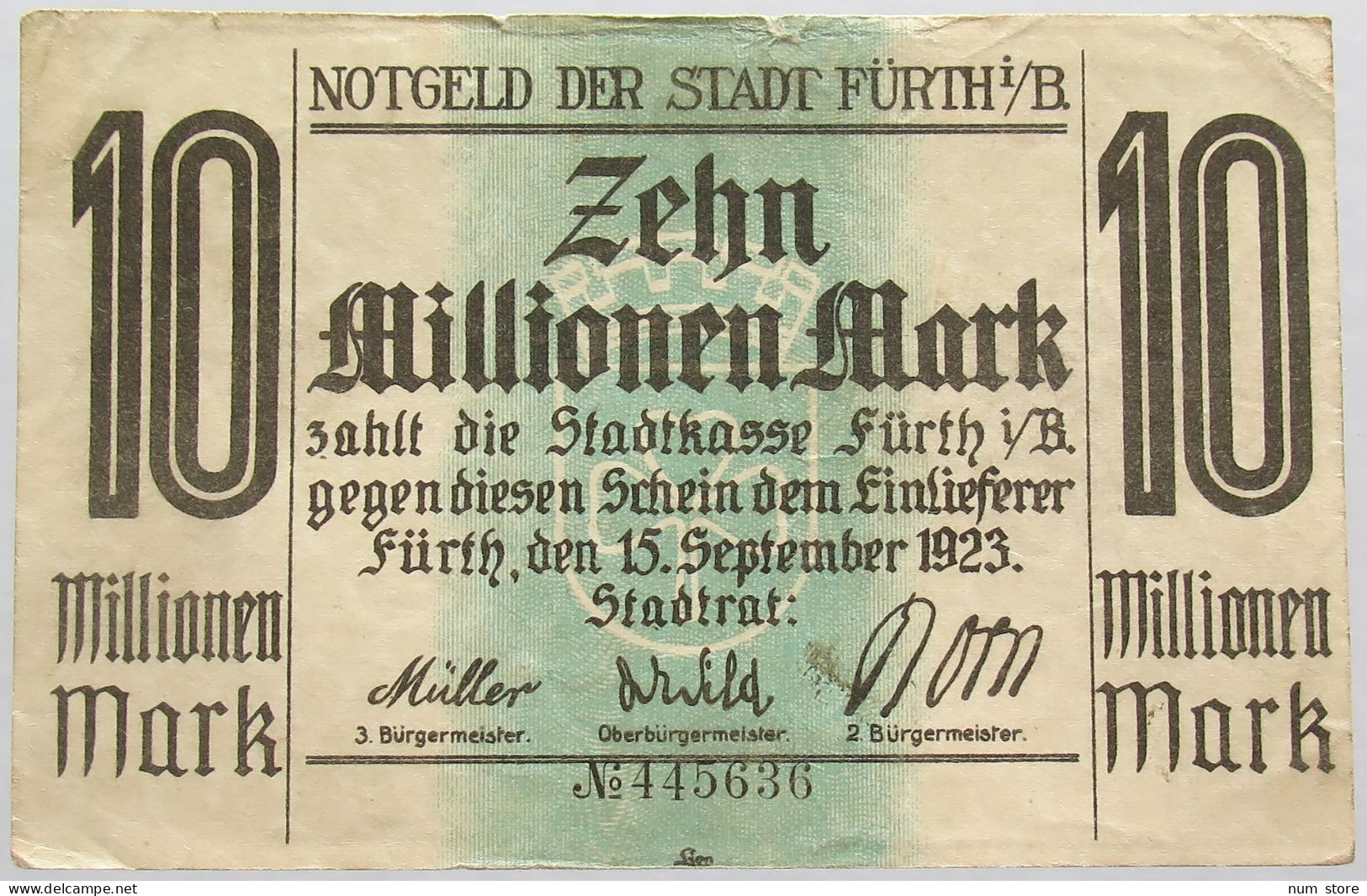 GERMANY 10 MILLIONEN MARK 1923 FURTH #alb003 0407 - 10 Miljoen Mark