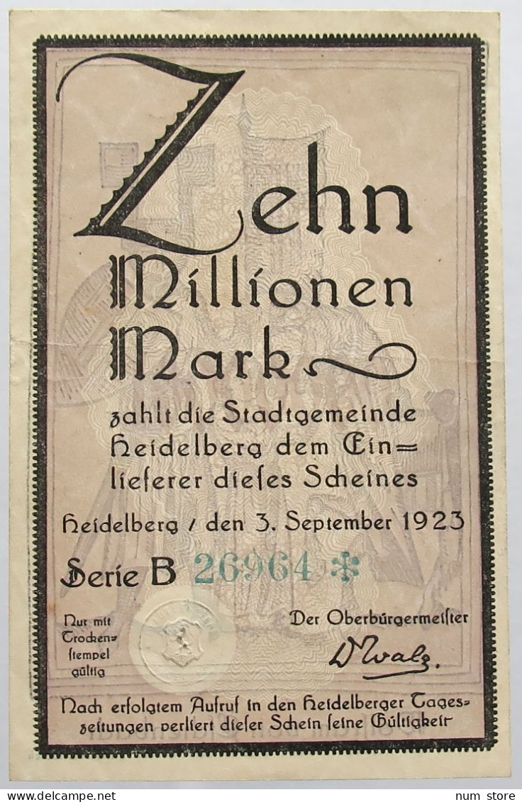 GERMANY 10 MILLIONEN MARK 1923 HEIDELBERG #alb004 0469 - 10 Millionen Mark