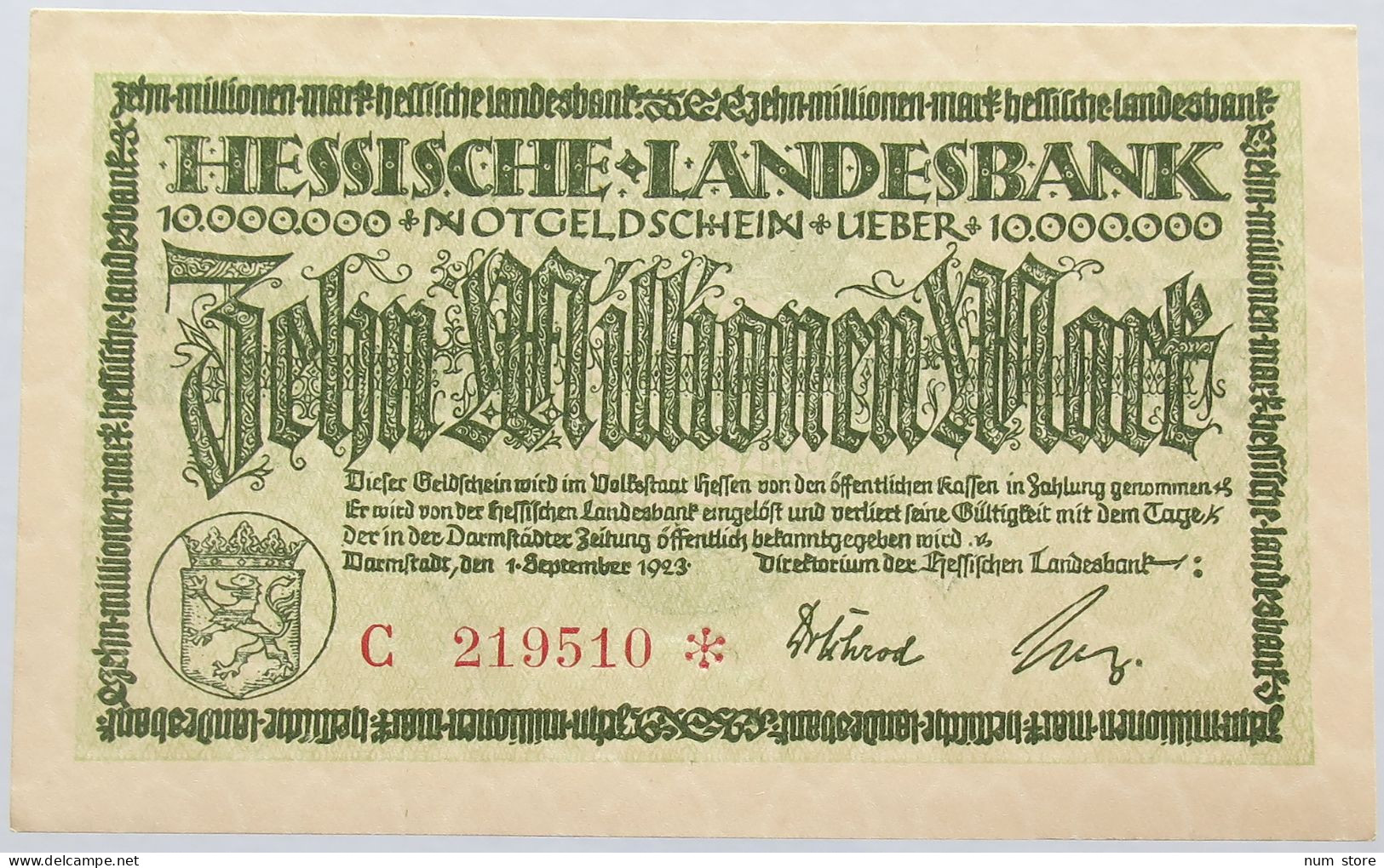 GERMANY 10 MILLIONEN 1923 HESSEN #alb004 0167 - 10 Miljoen Mark