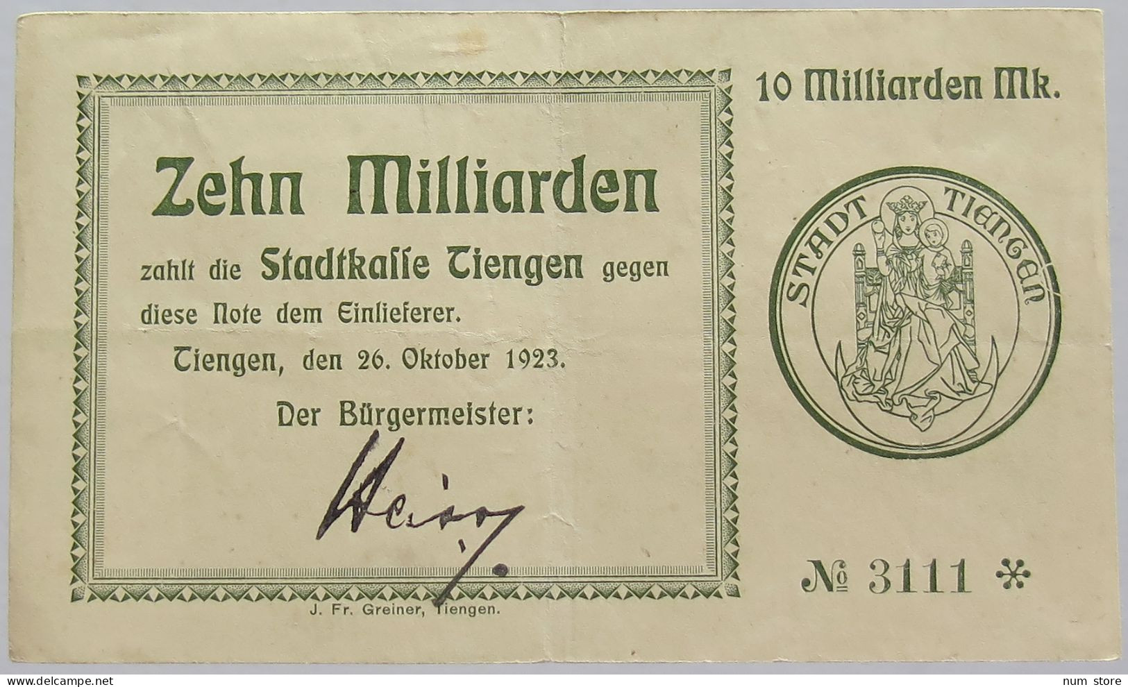 GERMANY 10 MILLIARDEN MARK 1923 TIENGEN #alb010 0109 - 10 Mrd. Mark