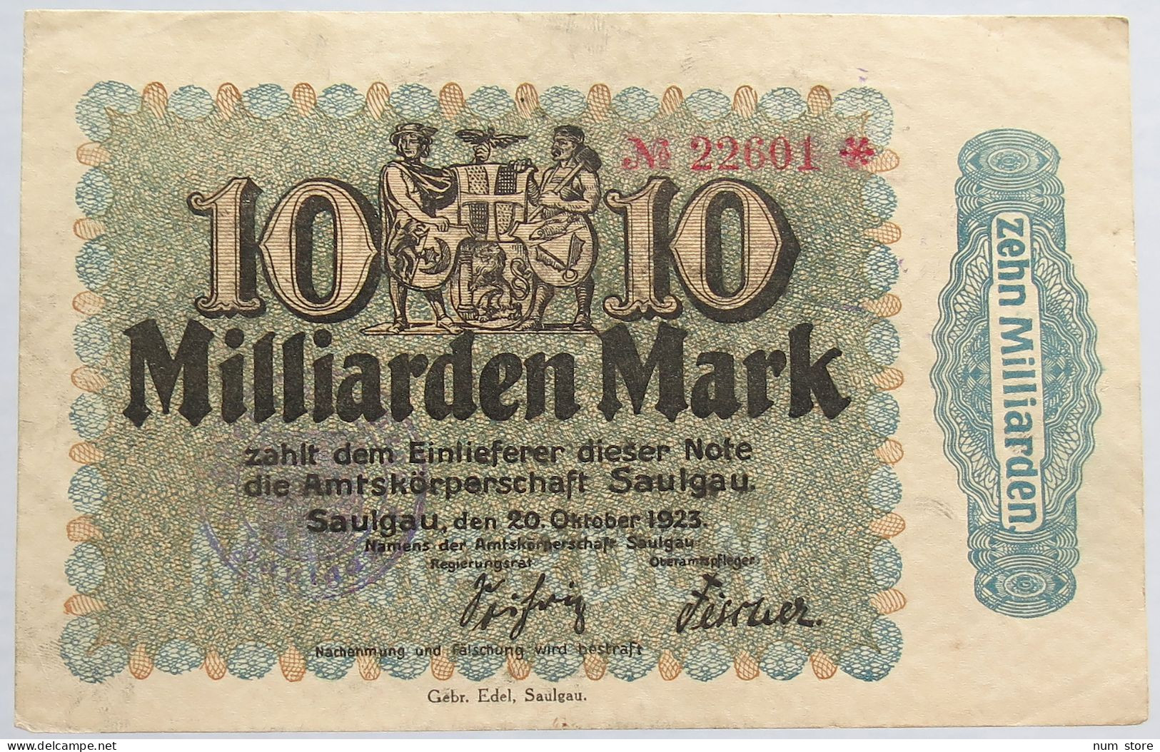 GERMANY 10 MILLIARDEN MARK 1923 SAULGAU #alb002 0367 - 10 Miljard Mark