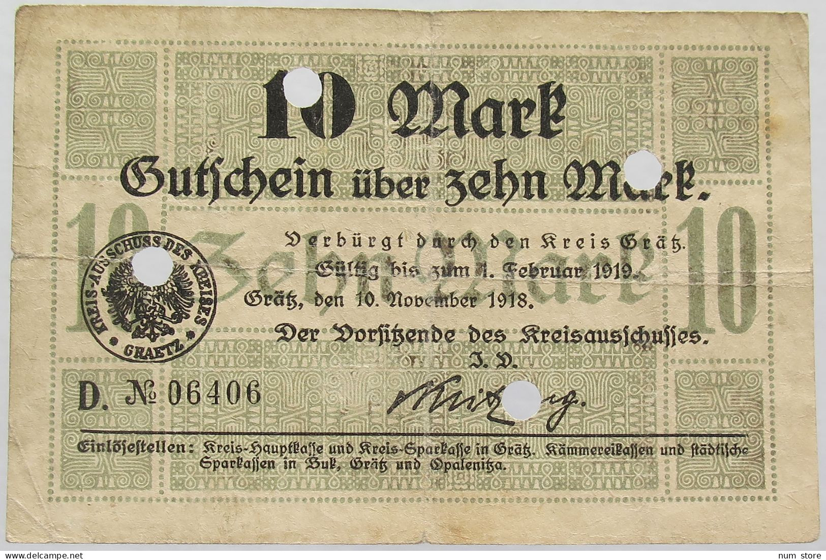 GERMANY 10 MARK GRAETZ GRATZ 1918 #alb002 0175 - 10 Mark