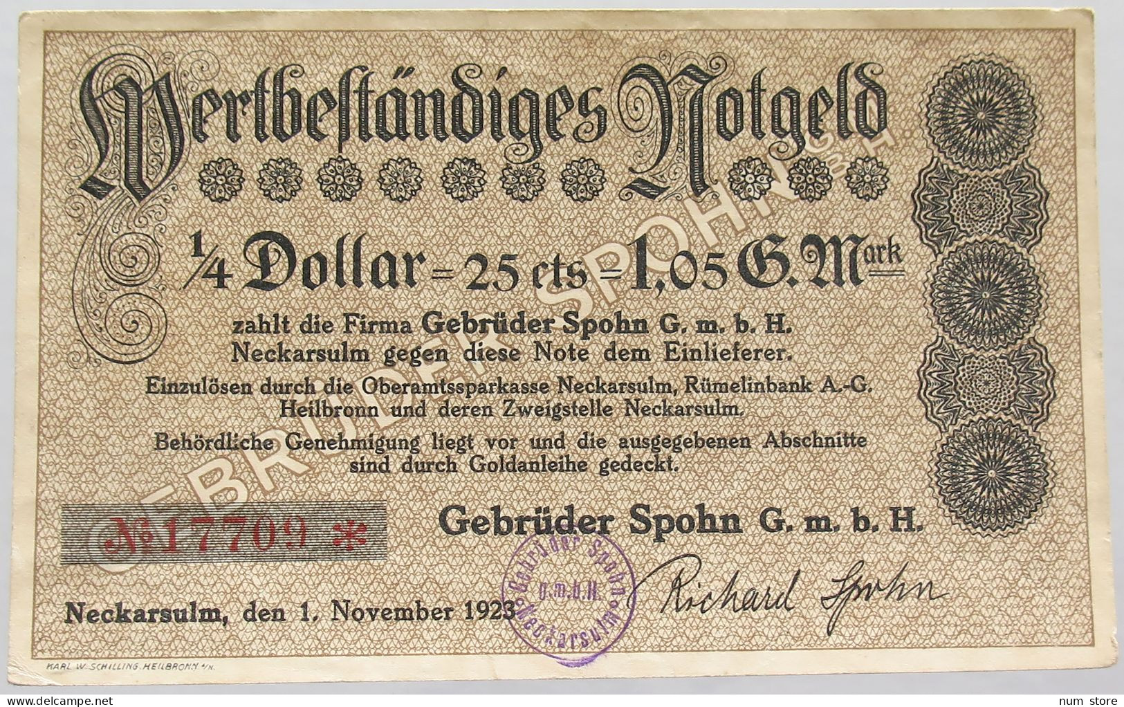 GERMANY 1/4 DOLLAR NECKARSULM 1,05 GOLDMARK 1923 #alb002 0209 - Deutsche Golddiskontbank