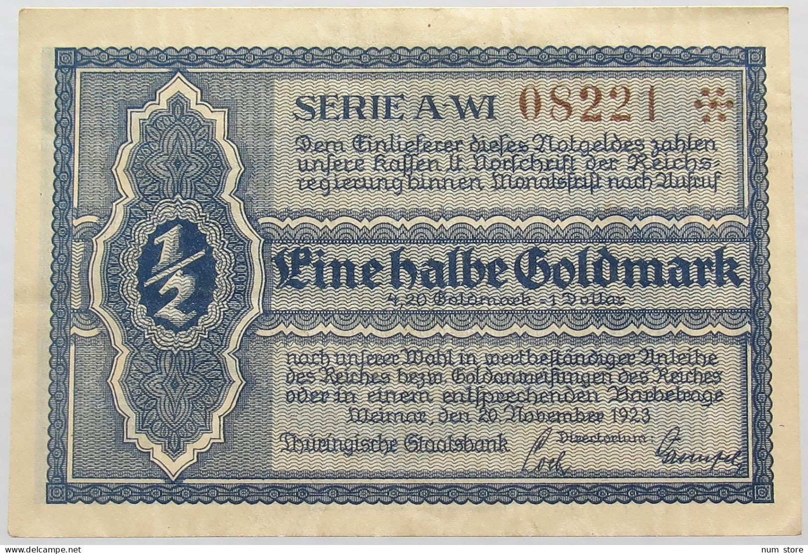 GERMANY 1/2 GOLDMARK 1923 THURINGEN #alb008 0261 - Deutsche Golddiskontbank