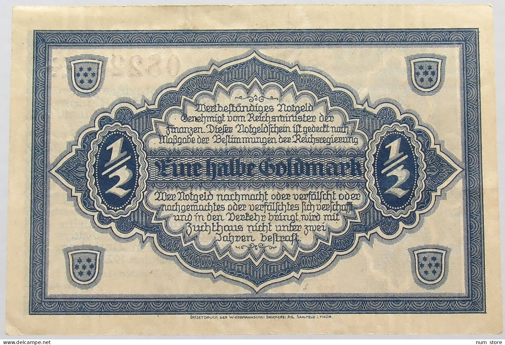 GERMANY 1/2 GOLDMARK 1923 THURINGEN #alb008 0261 - Deutsche Golddiskontbank