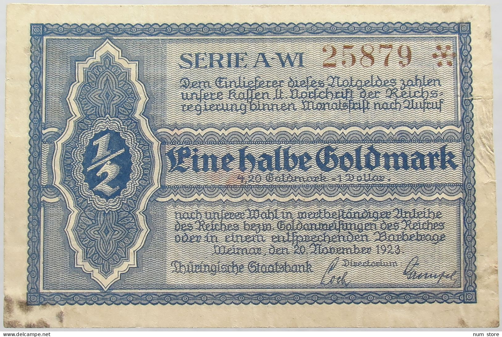 GERMANY 1/2 GOLDMARK 1923 THURINGEN #alb008 0259 - Deutsche Golddiskontbank