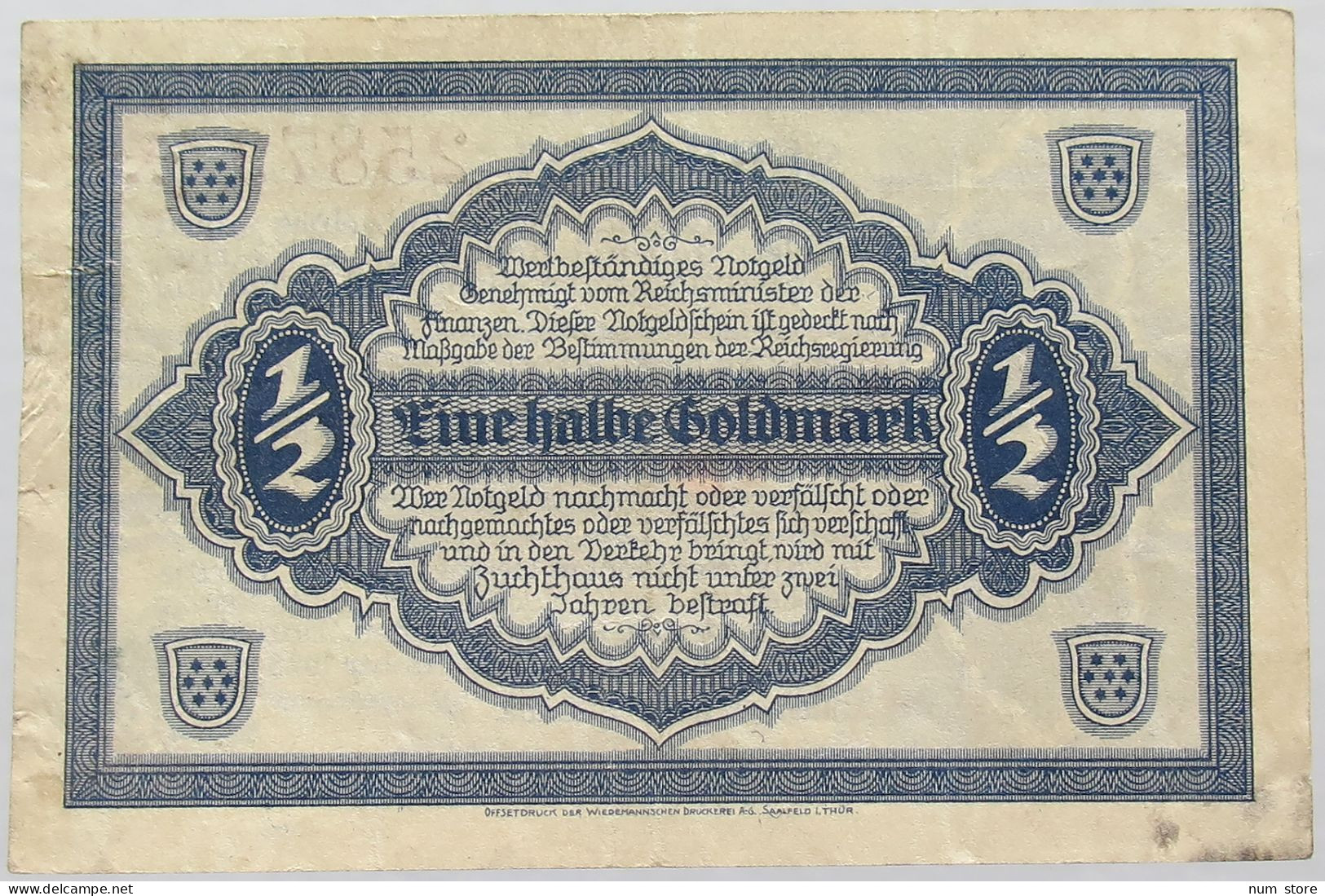 GERMANY 1/2 GOLDMARK 1923 THURINGEN #alb008 0259 - Deutsche Golddiskontbank