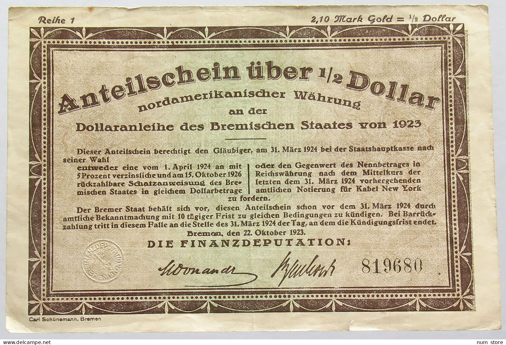 GERMANY 1/2 DOLLAR 1923 BREMEN #alb008 0219 - Deutsche Golddiskontbank