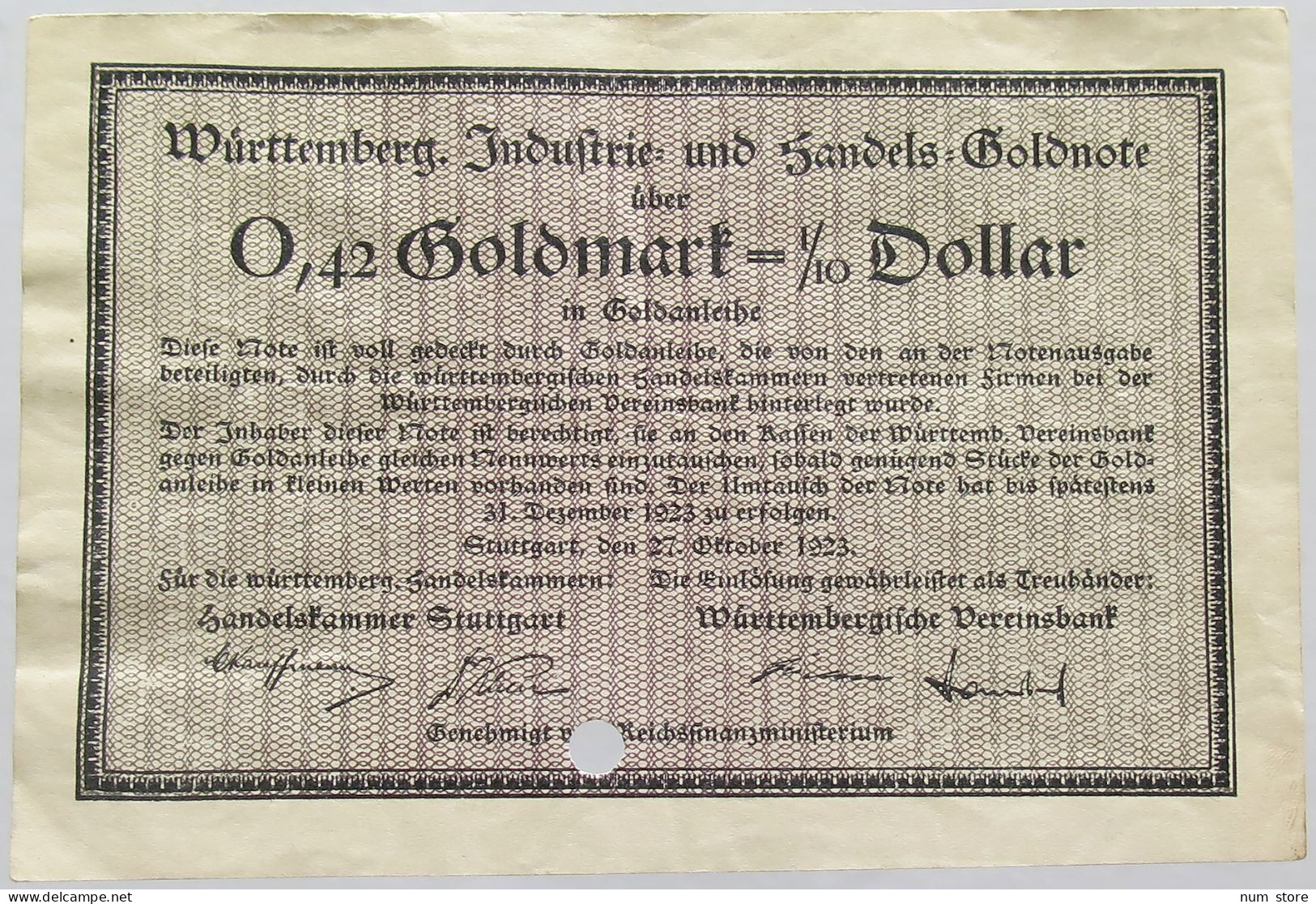 GERMANY 1/10 DOLLAR STUTTGART .042 GOLDMARK 1923 #alb002 0185 - Deutsche Golddiskontbank