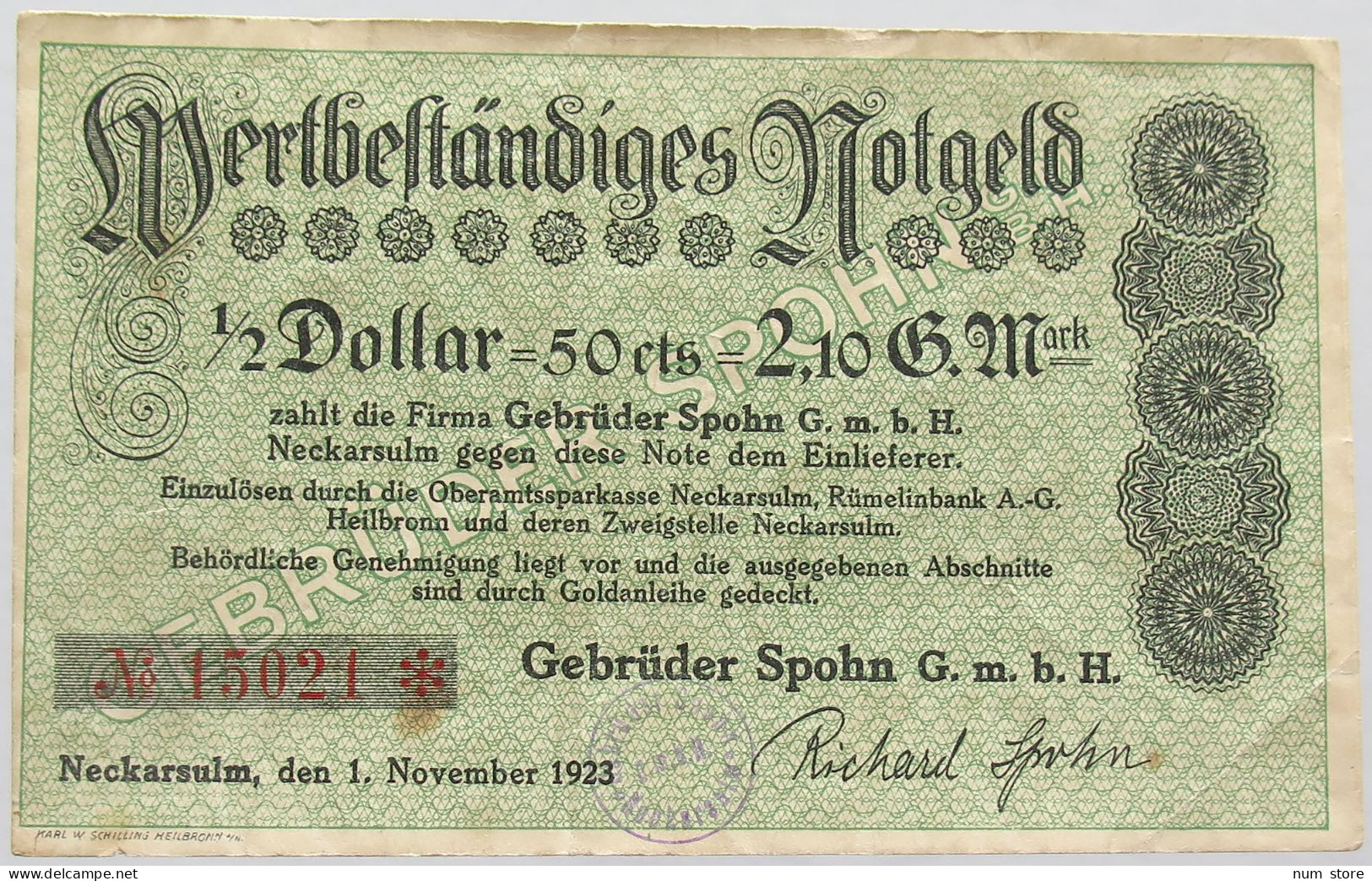 GERMANY 1/2 DOLLAR NECKARSULM 2,1 GOLDMARK 1923 #alb002 0211 - Deutsche Golddiskontbank