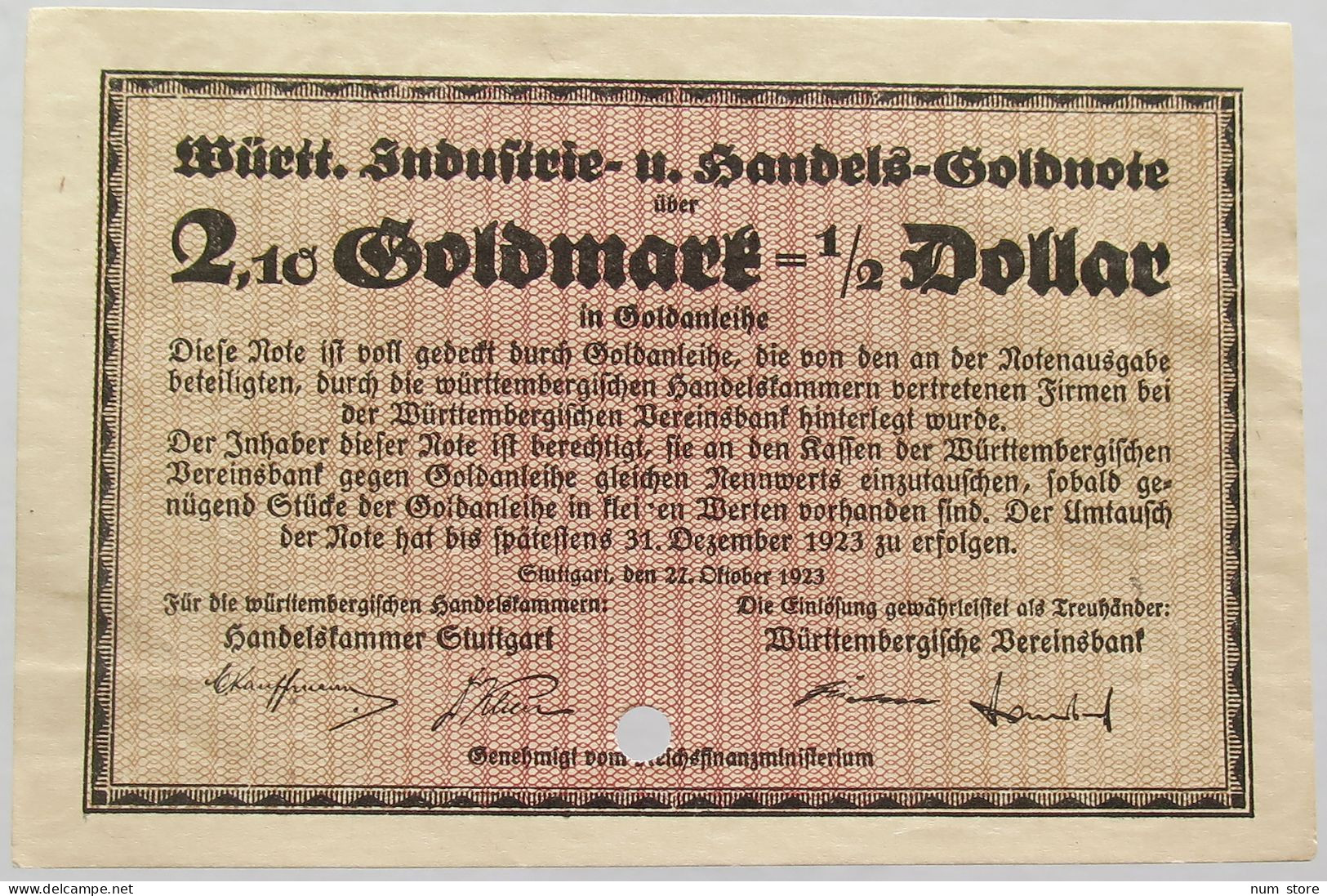 GERMANY 1/2 DOLLAR STUTTGART 1923 2.1 GOLDMARK #alb002 0189 - Deutsche Golddiskontbank