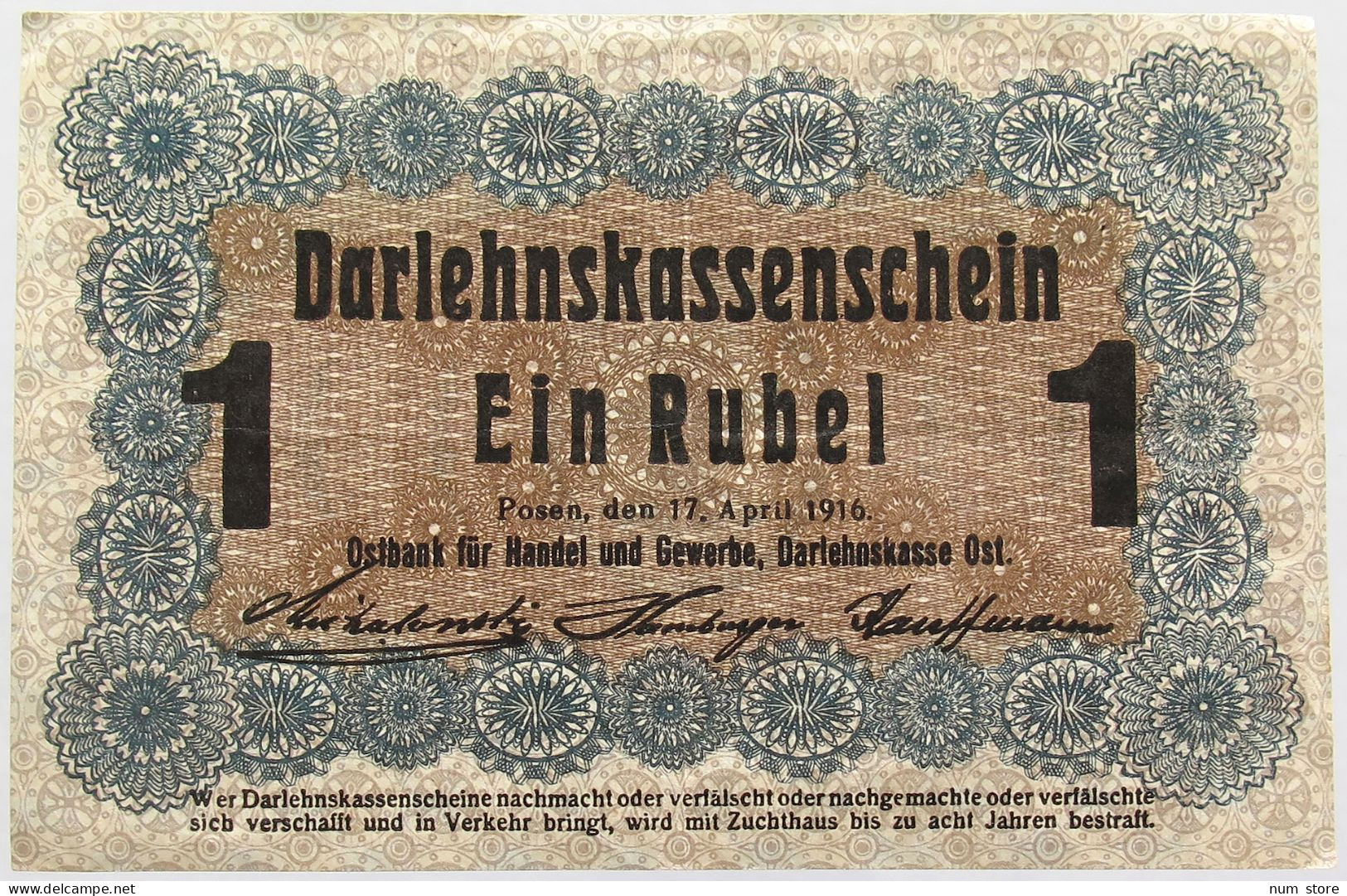 GERMANY 1 ROUBLE DARLEHNSKASSE OST POSEN 1916 #alb002 0165 - Other & Unclassified