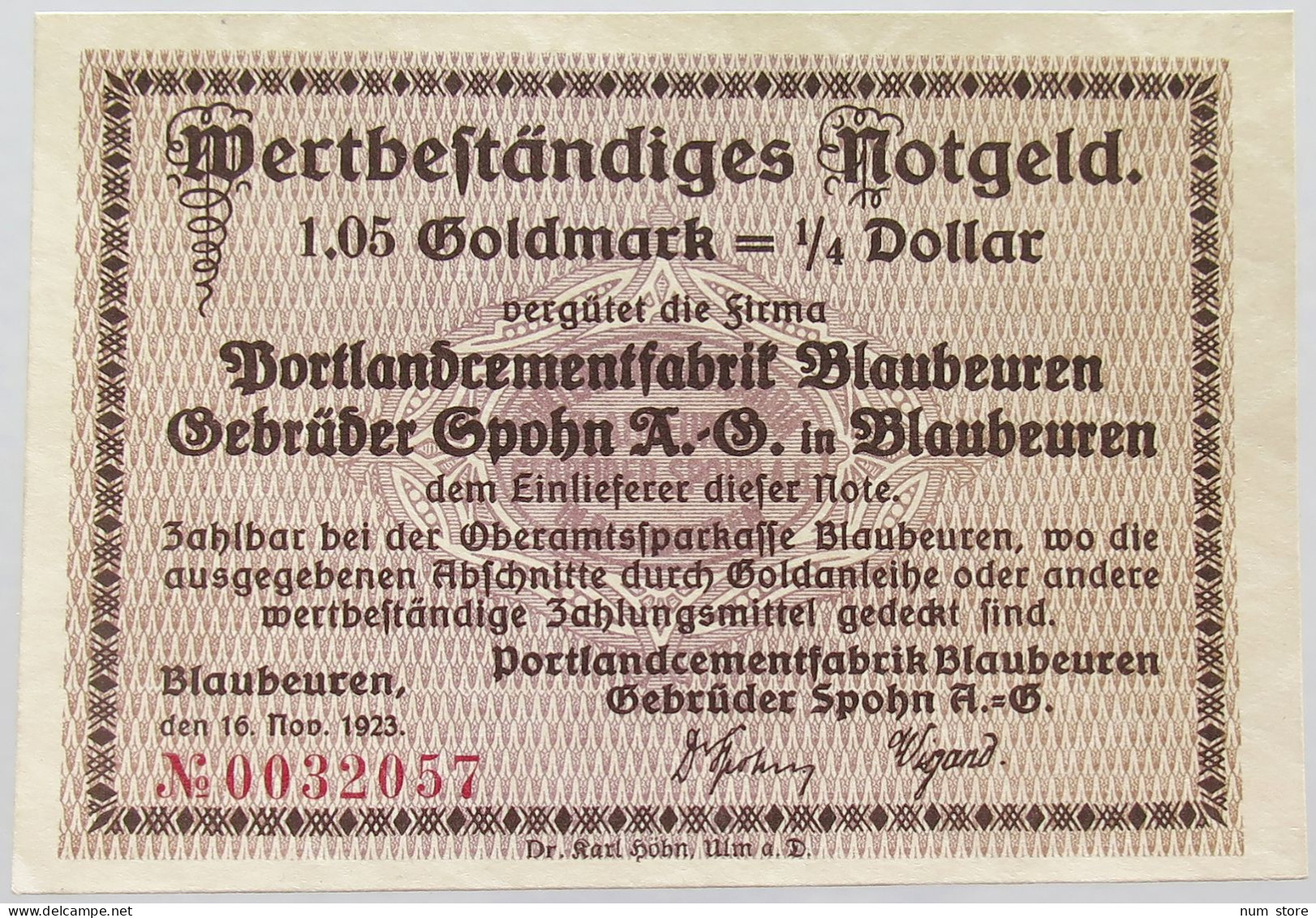 GERMANY 1.05 GOLDMARK 1/4 DOLLAR 1923 BLAUBEUREN #alb002 0239 - Deutsche Golddiskontbank