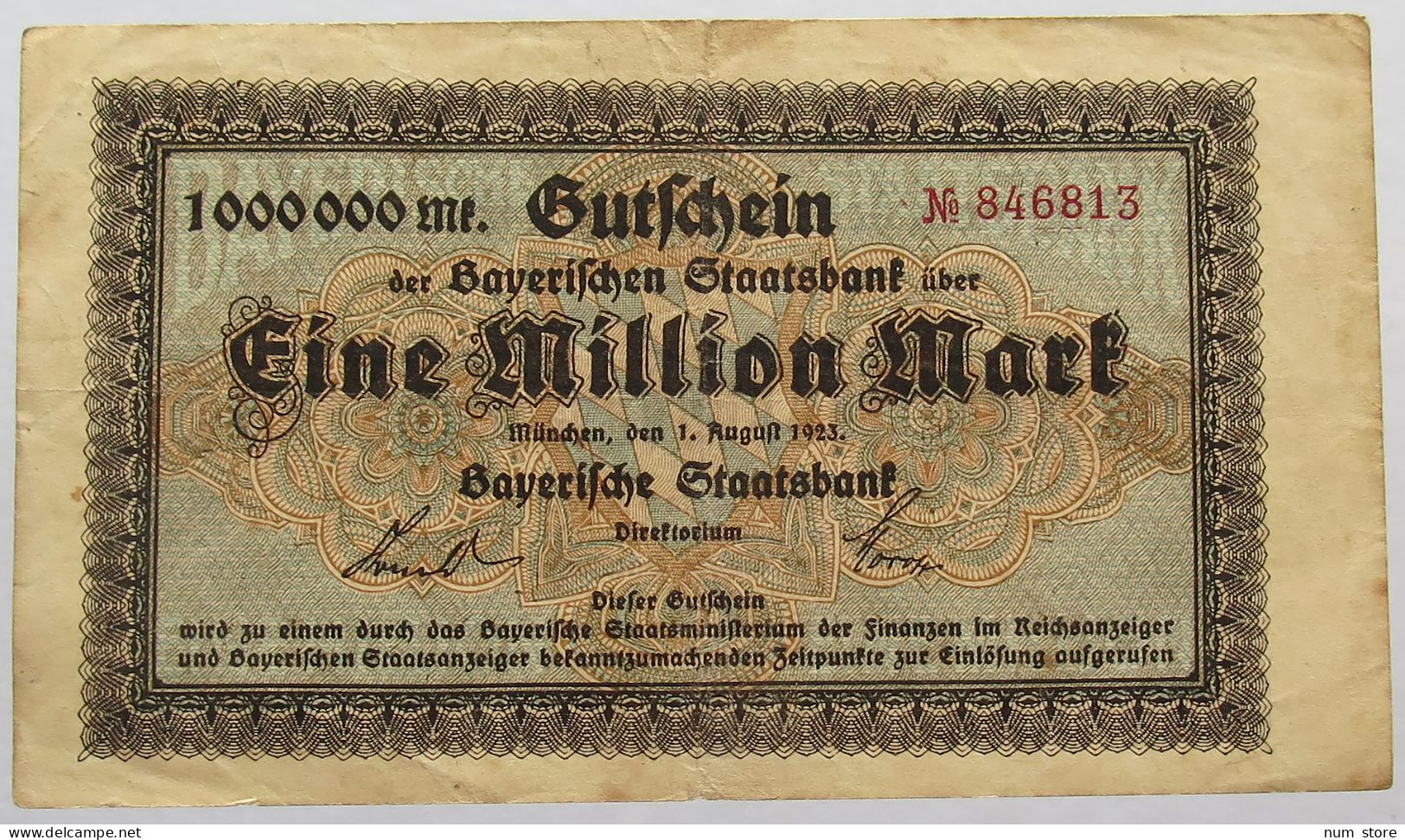 GERMANY 1 MILLIONEN 1923 BAVARIA #alb067 0047 - 1 Miljoen Mark