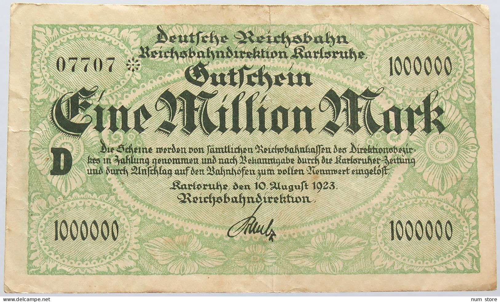 GERMANY 1 MILLION MARK REICHSBAHN KARLSRUHE #alb004 0087 - 1 Miljoen Mark