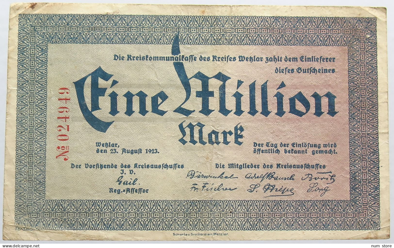 GERMANY 1 MILLION MARK 1923 WETZLAR #alb004 0401 - 1 Million Mark