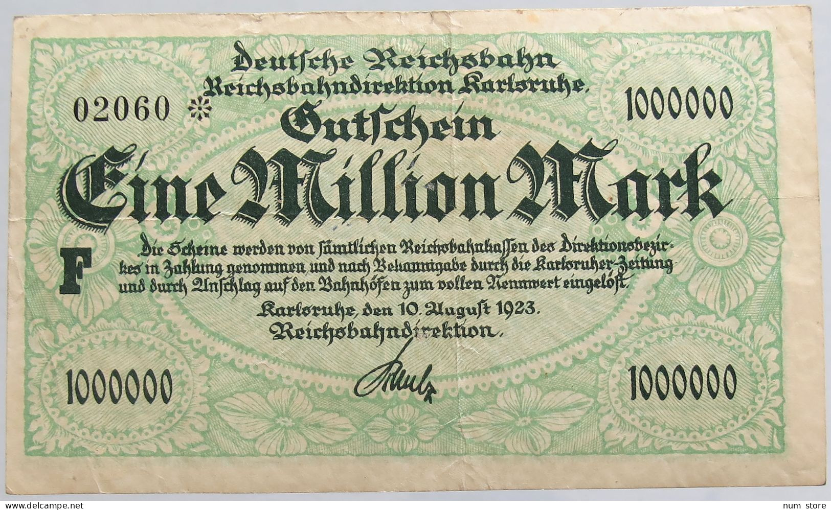 GERMANY 1 MILLION MARK 1923 REICHSBAHN #alb012 0013 - 1 Miljoen Mark