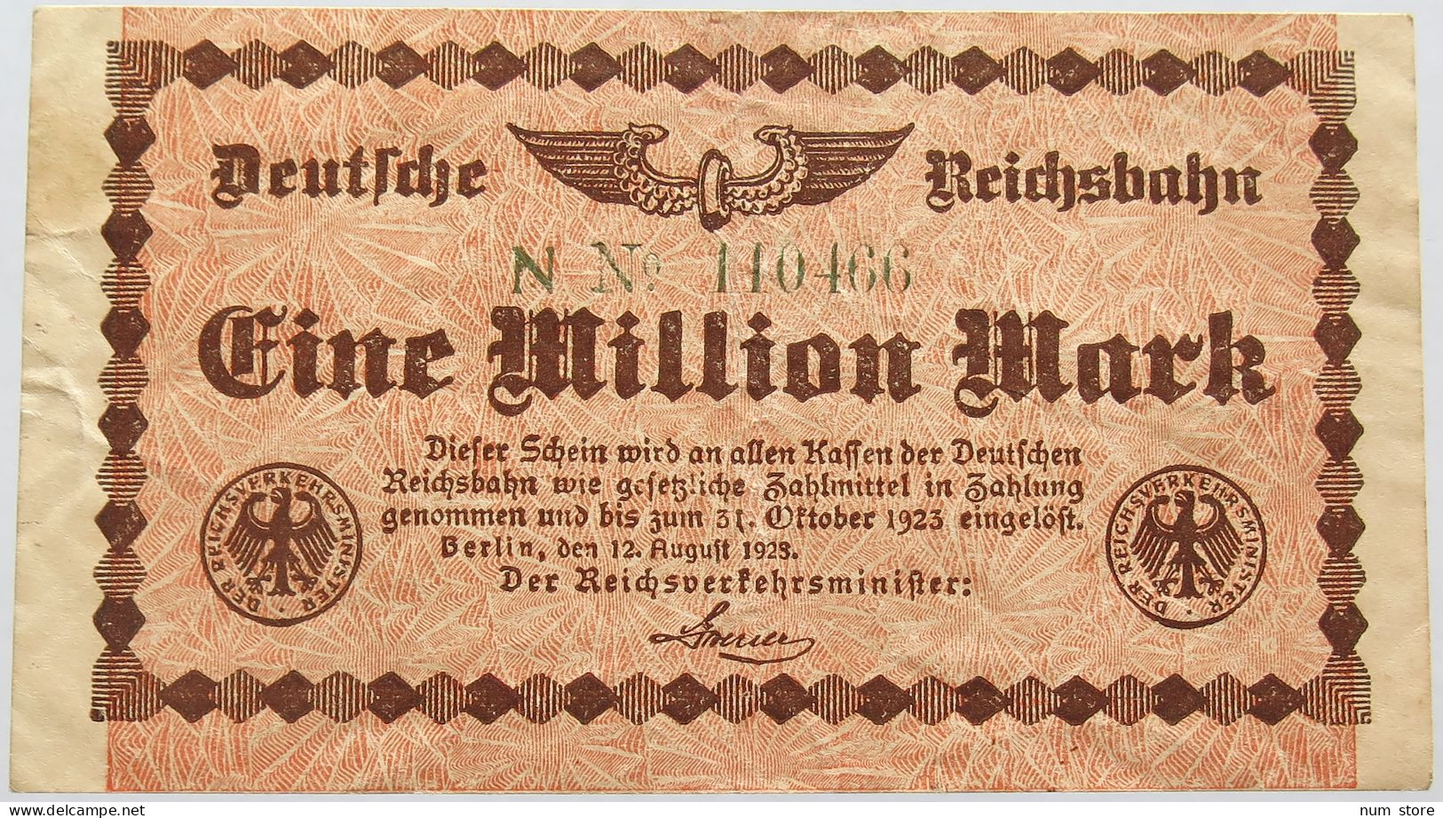 GERMANY 1 MILLION MARK 1923 REICHSBAHN #alb004 0093 - 1 Miljoen Mark