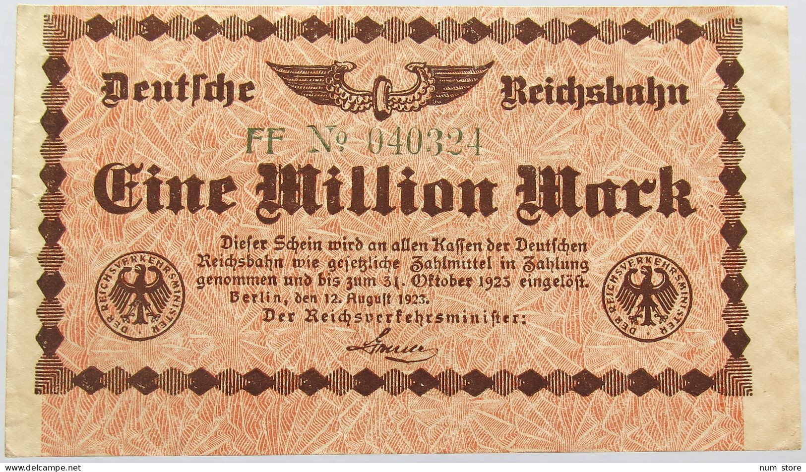 GERMANY 1 MILLION MARK 1923 REICHSBAHN #alb004 0091 - 1 Mio. Mark