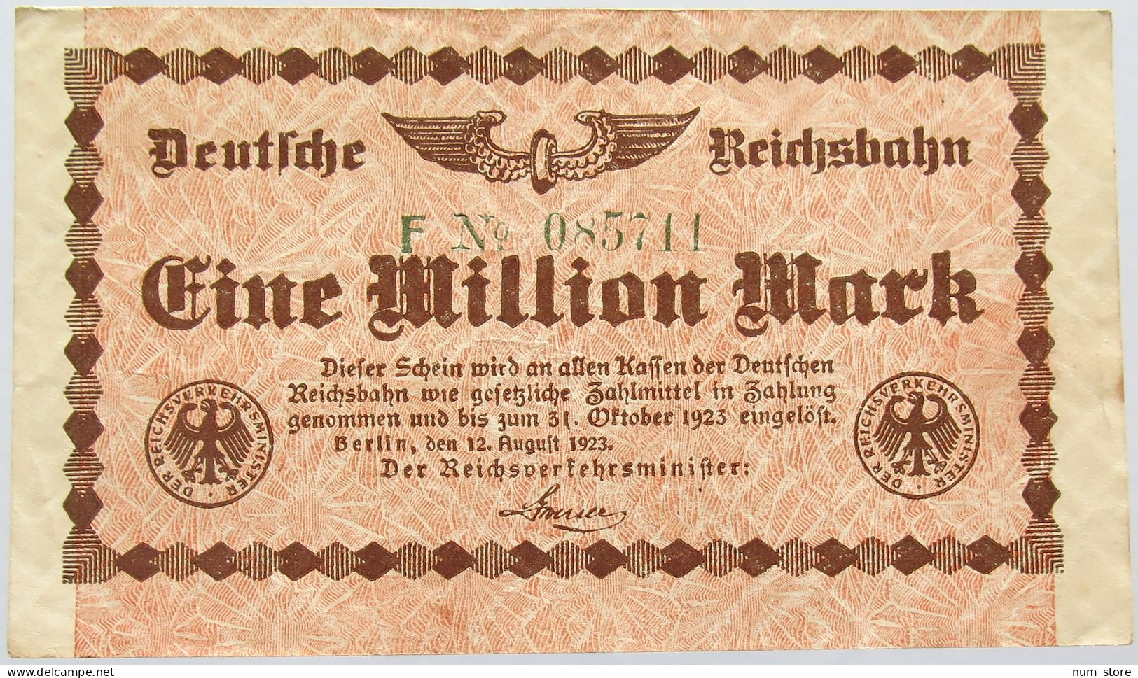 GERMANY 1 MILLION MARK 1923 REICHSBAHN #alb004 0089 - 1 Million Mark