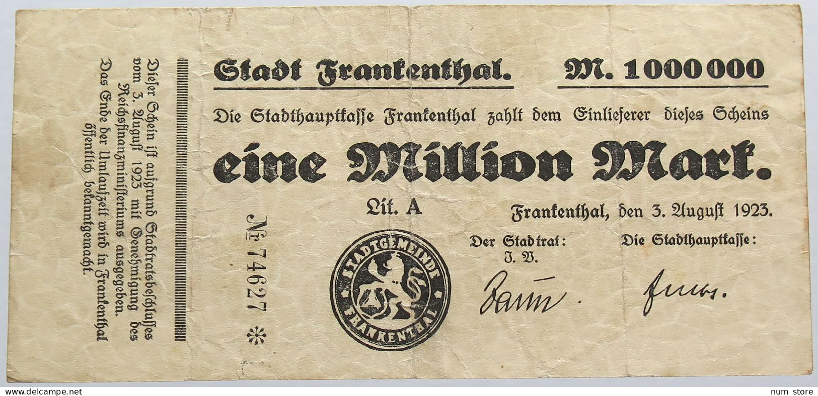 GERMANY 1 MILLION MARK 1923 FRANKENTHAL #alb004 0411 - 1 Miljoen Mark