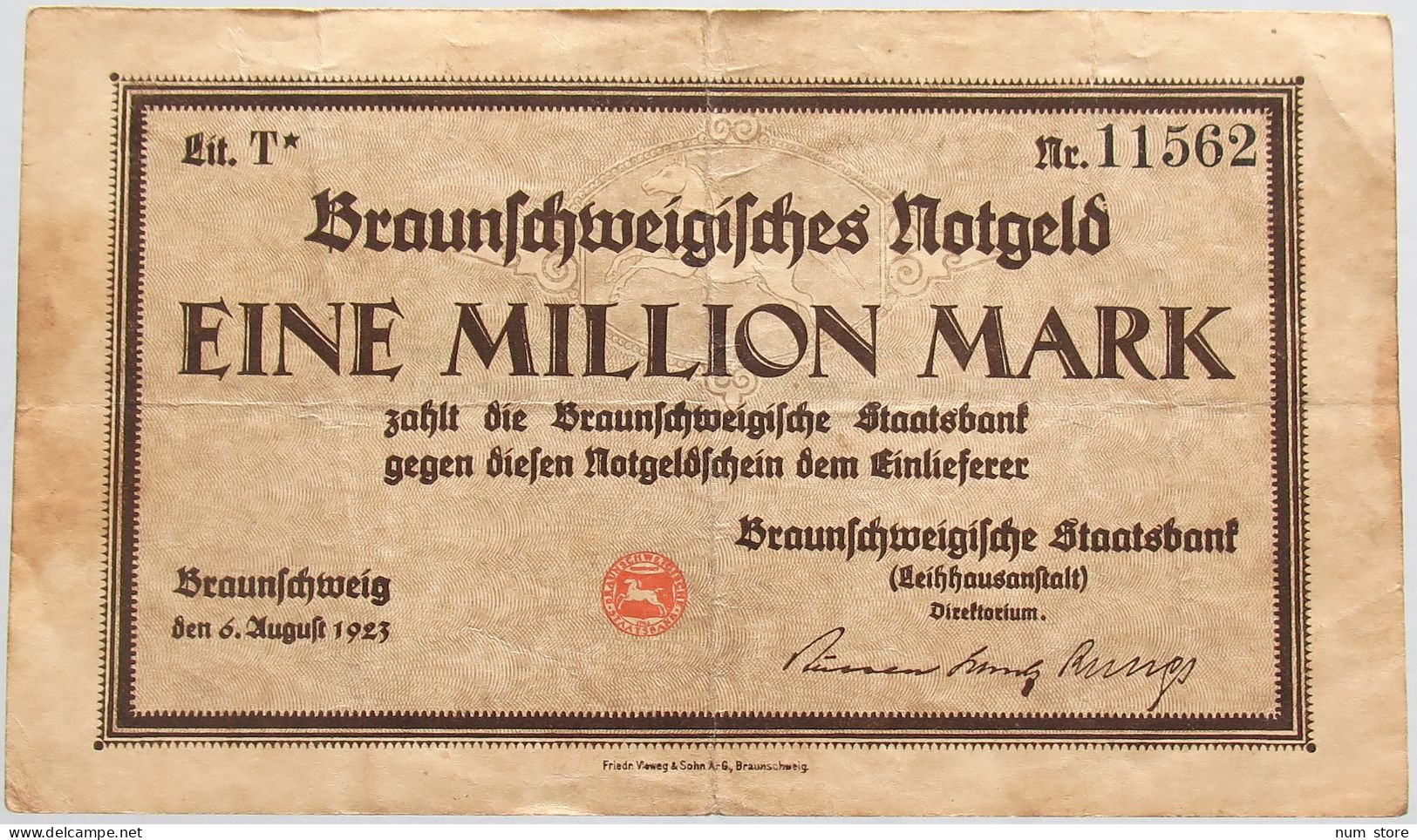GERMANY 1 MILLION MARK 1923 BRAUNSCHWEIG #alb008 0149 - 1 Million Mark
