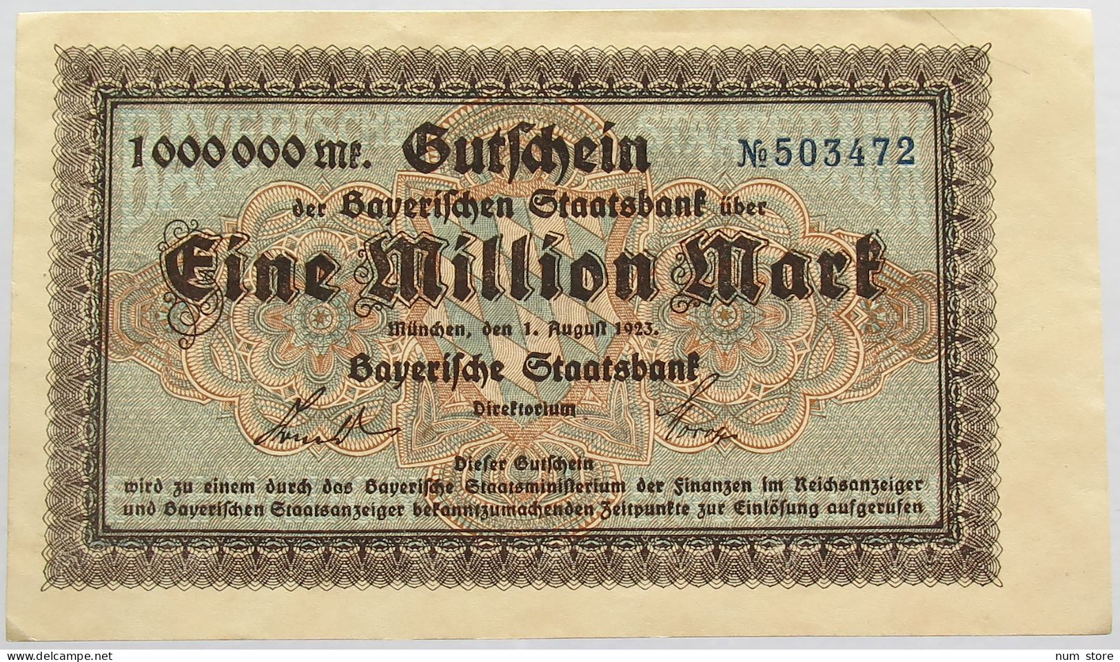 GERMANY 1 MILLION MARK 1923 BAYERN #alb008 0051 - 1 Mio. Mark