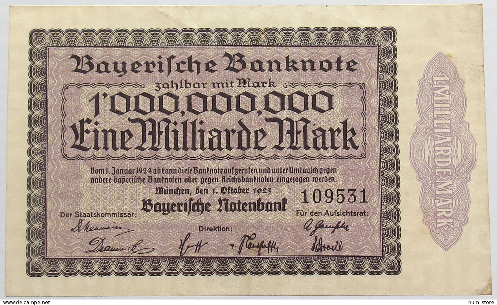 GERMANY 1 MILLIARDE MARK 1923 BAYERN #alb008 0029 - 1 Miljard Mark