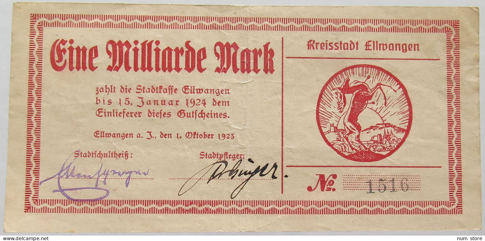 GERMANY 1 MILLIARDE MARK 1923 ELLWANGEN #alb002 0269 - 1 Milliarde Mark