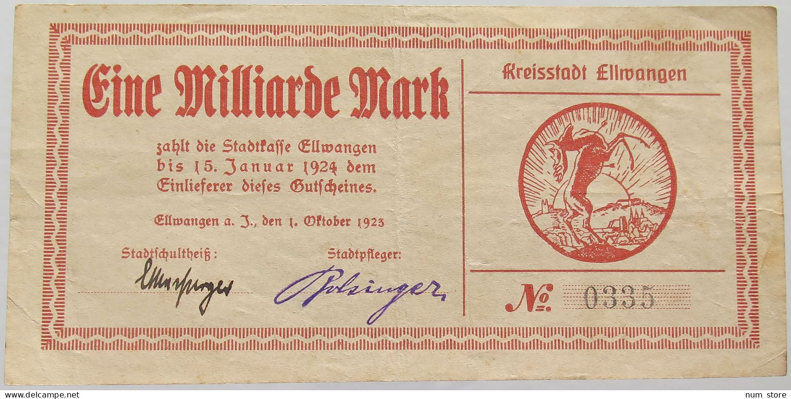 GERMANY 1 MILLIARDE MARK 1923 ELLWANGEN #alb002 0271 - 1 Mrd. Mark