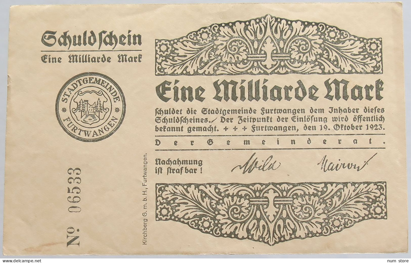 GERMANY 1 MILLIARDE 1923 FURTWANGEN #alb012 0031 - 1 Miljard Mark