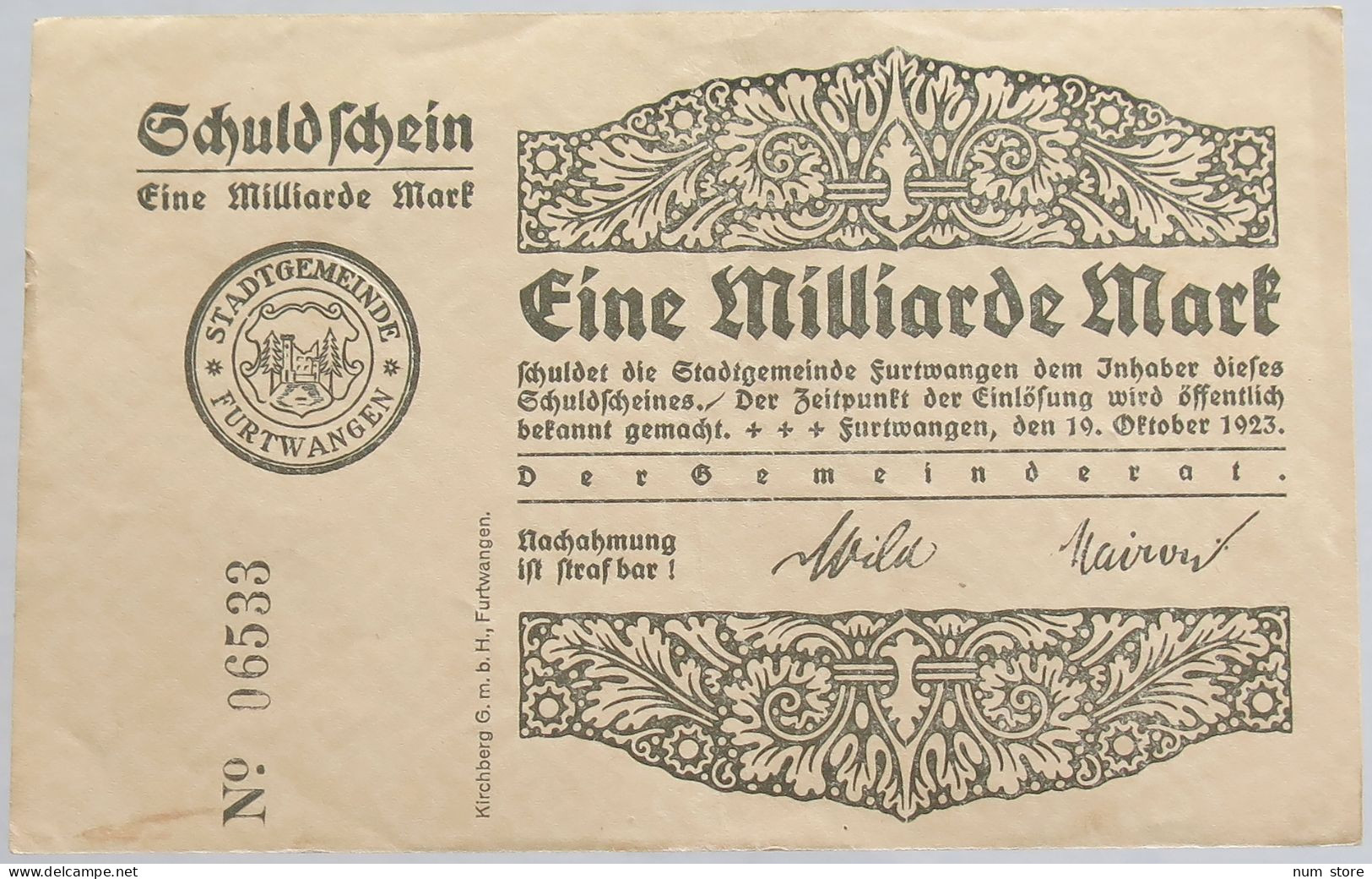 GERMANY 1 MILLIARDE 1923 FURTWANGEN #alb012 0031 - 1 Milliarde Mark