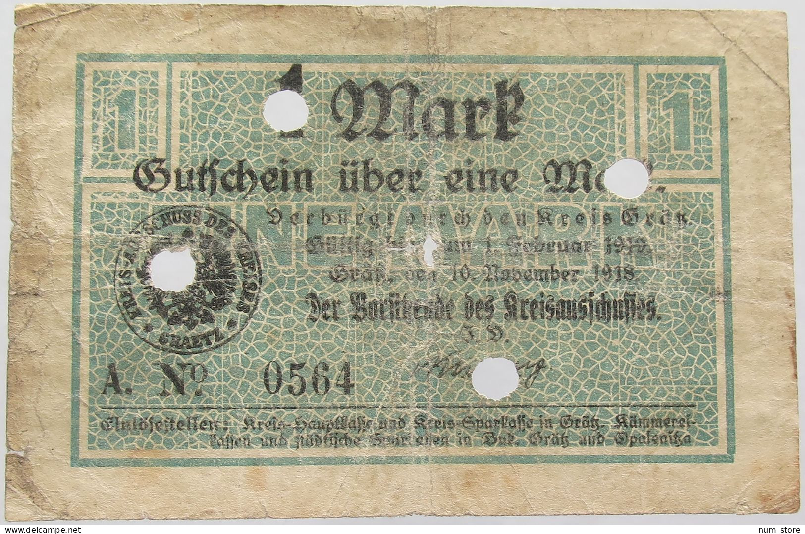 GERMANY 1 MARK GRAETZ GRATZ 1918 #alb002 0169 - 1 Mark