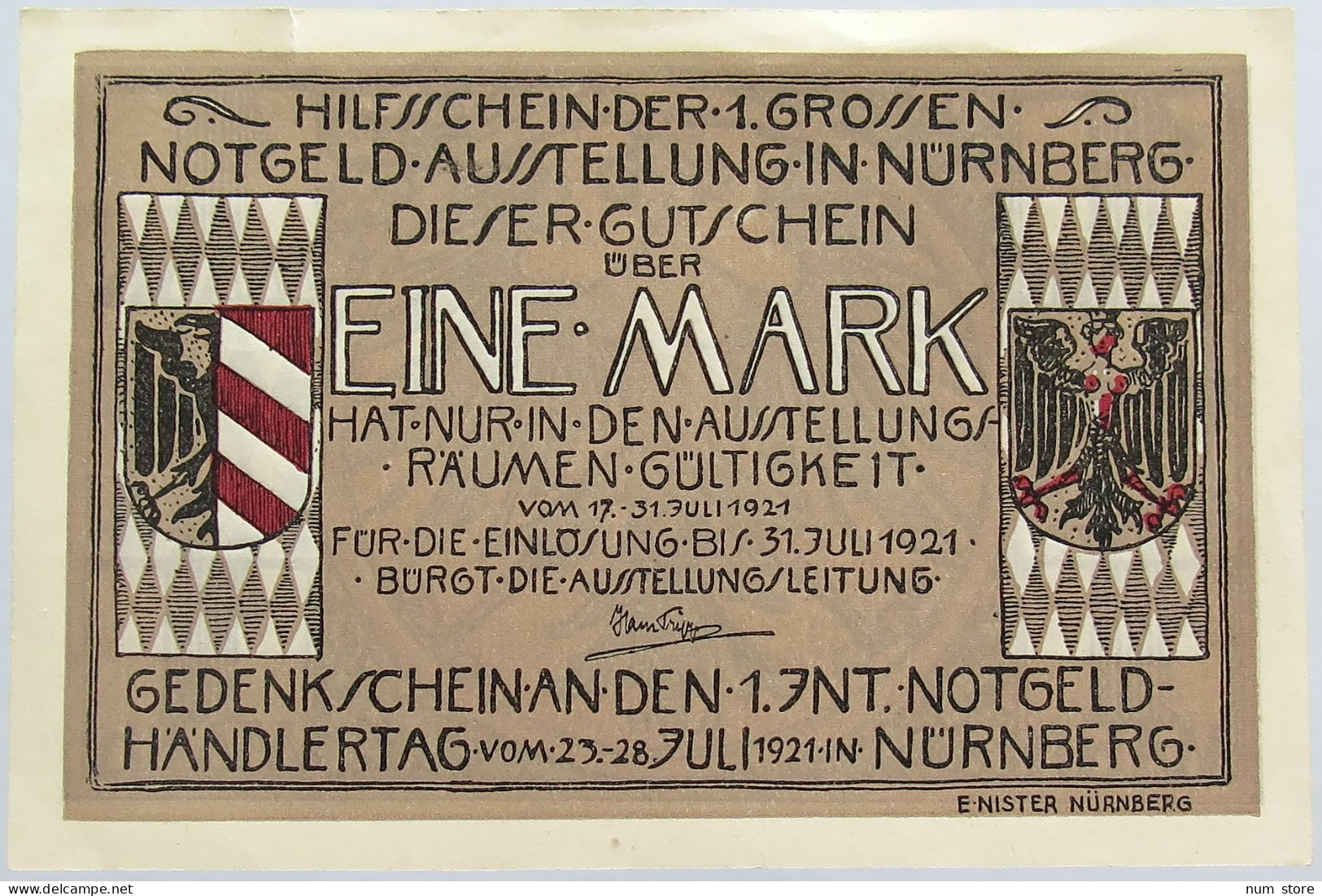 GERMANY 1 MARK 1921 NURNBERG 10 #alb003 0661 - 1 Mark