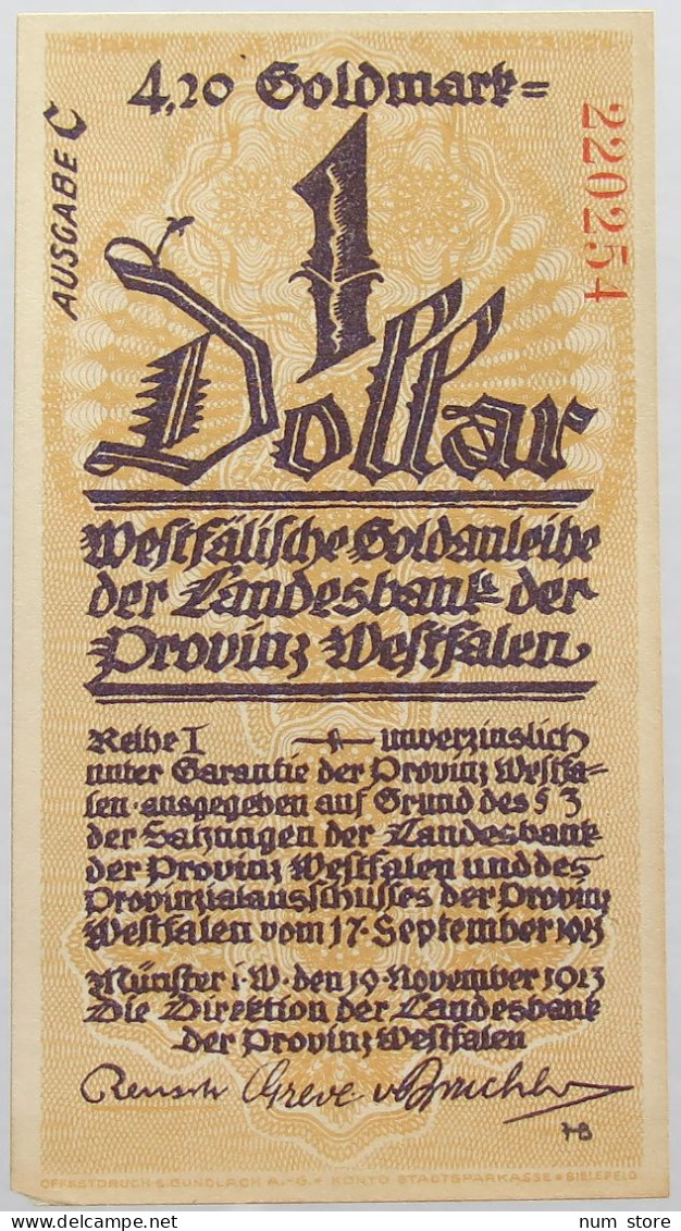 GERMANY 1 DOLLAR 1923 WETFALEN 4.2GOLDMARK #alb011 0139 - Deutsche Golddiskontbank